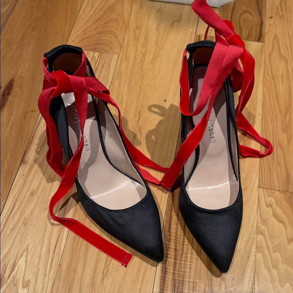 Jeffrey Campbell Black Pointed-Toe Lace-Up Pumps with Red Velvet Lace Up Ribbon